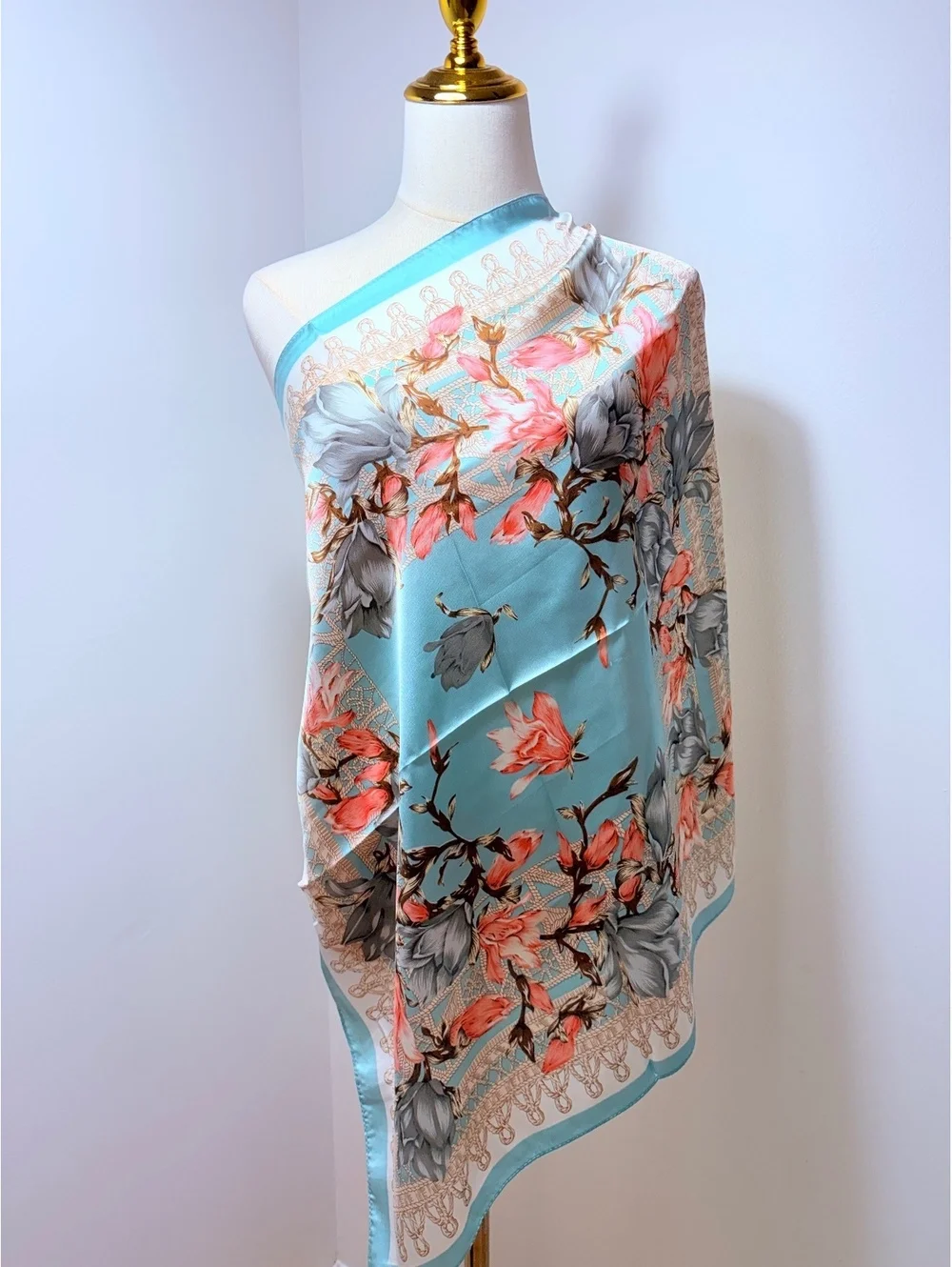 Elegant Floral Print Scarf in Soft Blue and Pink